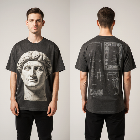 Ancient Sculpture Oversized T-Shirt – Greek Statue Front & Architectural Blueprint Back | Unisex Streetwear