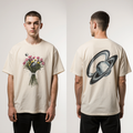 Cosmic Bloom Oversized T-Shirt – Floral Bouquet & Saturn Planet Graphic | Unisex Streetwear