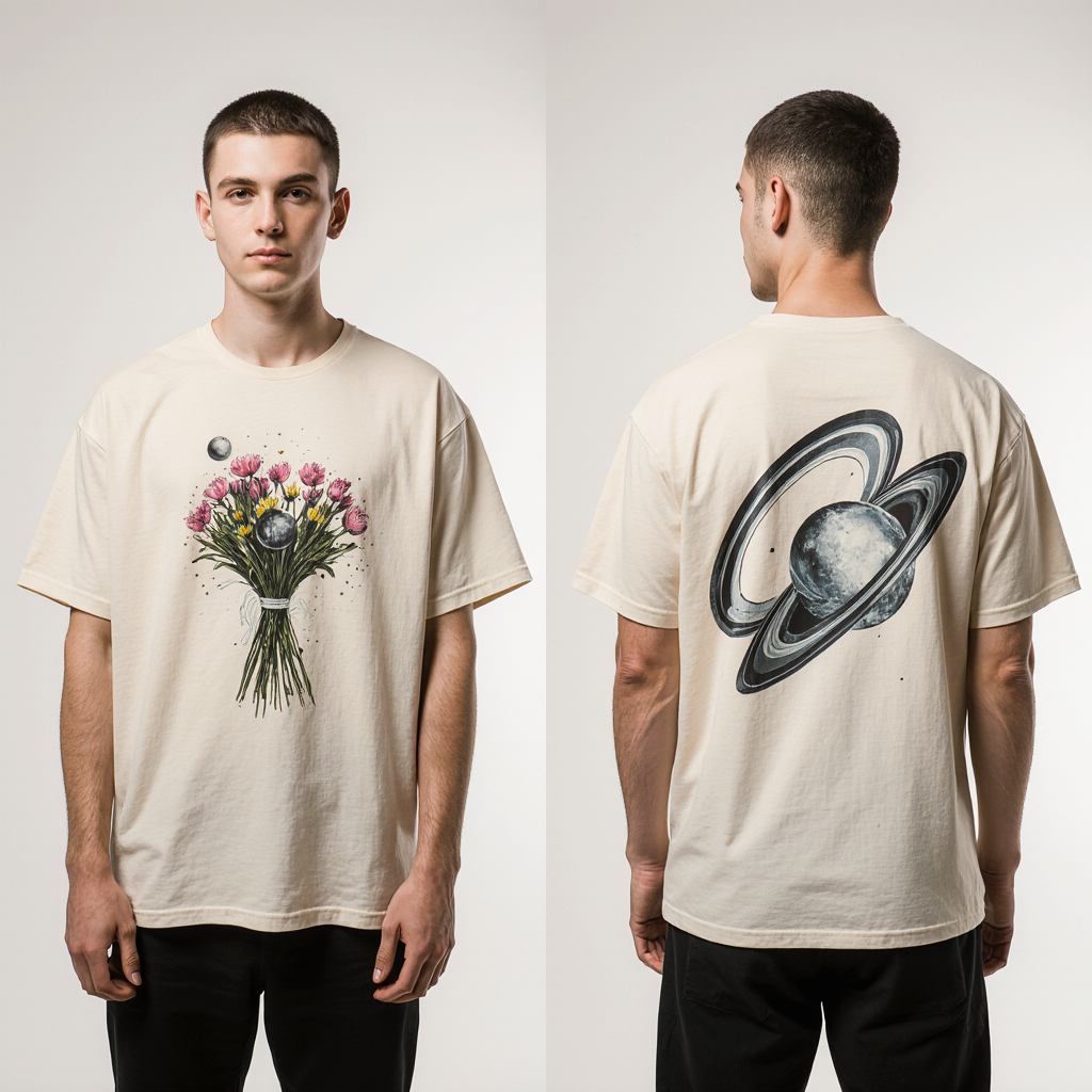 Cosmic Bloom Oversized T-Shirt – Floral Bouquet & Saturn Planet Graphic | Unisex Streetwear