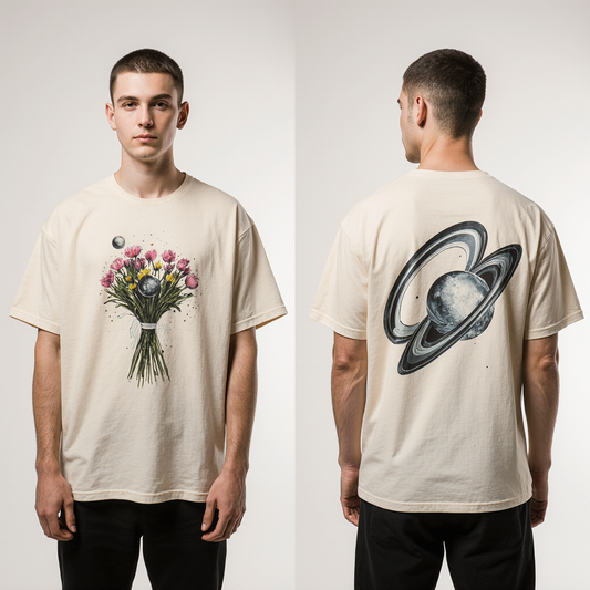 Cosmic Bloom Oversized T-Shirt – Floral Bouquet & Saturn Planet Graphic | Unisex Streetwear