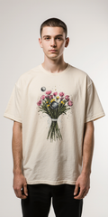 Cosmic Bloom Oversized T-Shirt – Floral Bouquet & Saturn Planet Graphic | Unisex Streetwear