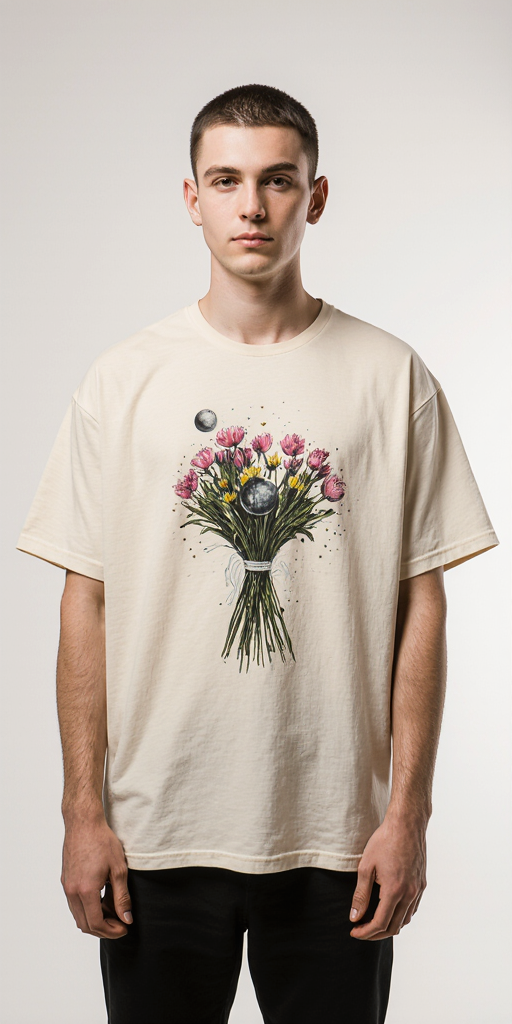 Cosmic Bloom Oversized T-Shirt – Floral Bouquet & Saturn Planet Graphic | Unisex Streetwear