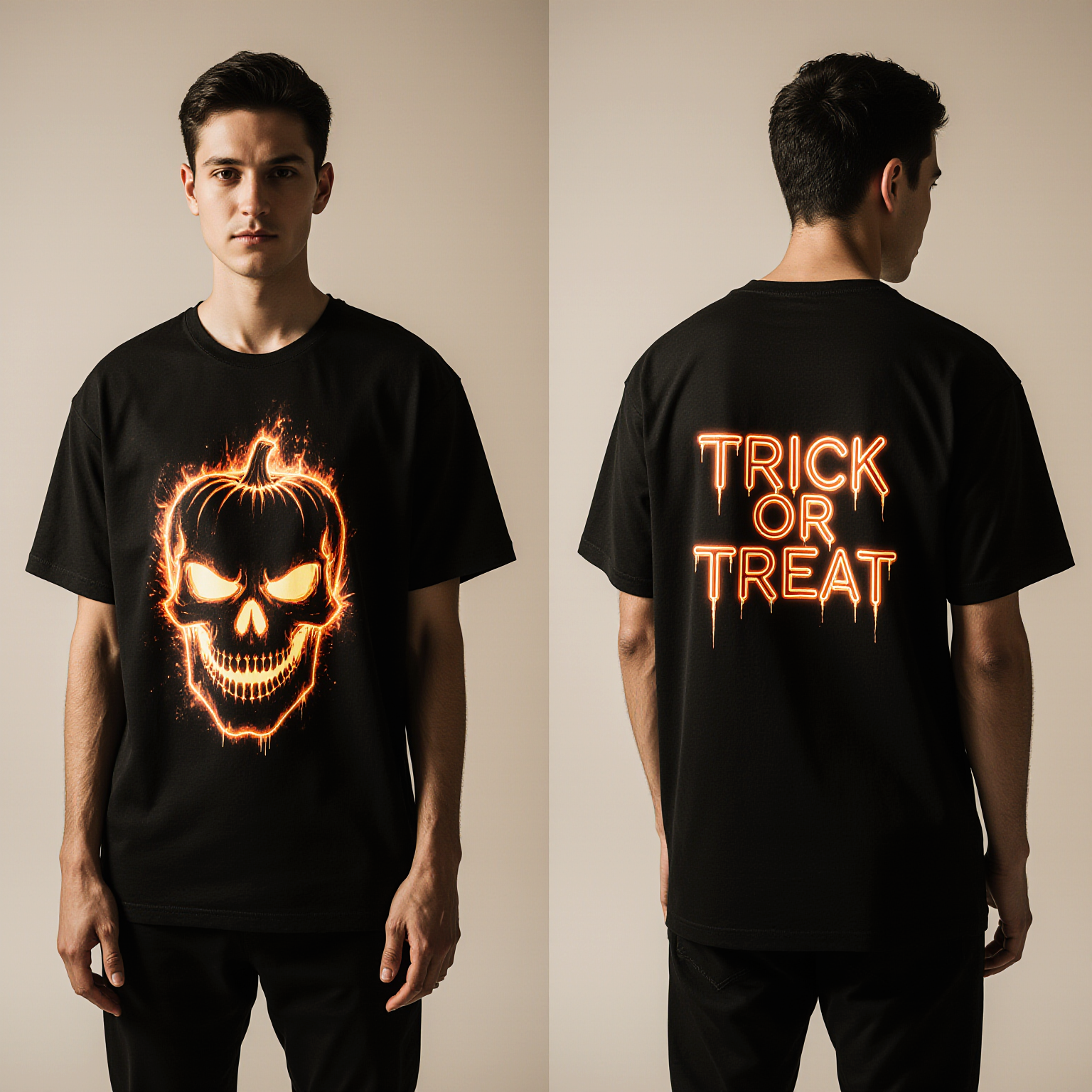 Trick or Treat Halloween T-Shirt | Oversized Skull Pumpkin Graphic Tee | Spooky Black Streetwear for Men & Women