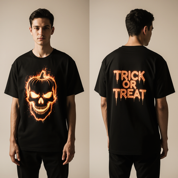 Trick or Treat Halloween T-Shirt | Oversized Skull Pumpkin Graphic Tee | Spooky Black Streetwear for Men & Women