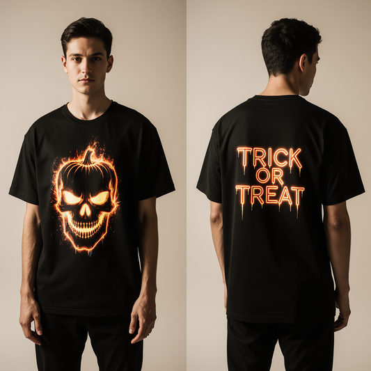 Trick or Treat Halloween T-Shirt | Oversized Skull Pumpkin Graphic Tee | Spooky Black Streetwear for Men & Women