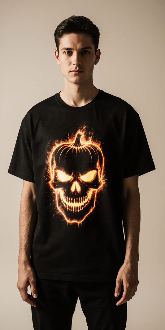 Trick or Treat Halloween T-Shirt | Oversized Skull Pumpkin Graphic Tee | Spooky Black Streetwear for Men & Women