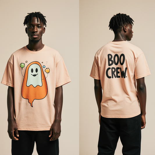 Boo Crew Halloween T-Shirt | Oversized Ghost Graphic Tee for Men & Women | Funny Spooky Streetwear in Peach