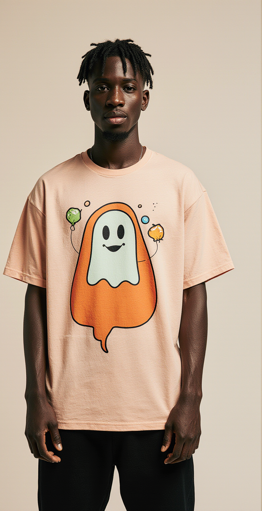 Boo Crew Halloween T-Shirt | Oversized Ghost Graphic Tee for Men & Women | Funny Spooky Streetwear in Peach