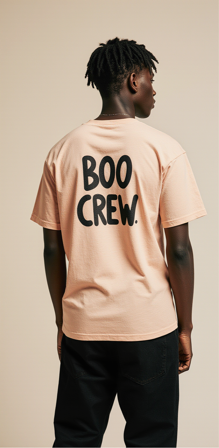 Boo Crew Halloween T-Shirt | Oversized Ghost Graphic Tee for Men & Women | Funny Spooky Streetwear in Peach