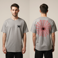 Spider Web Halloween T-Shirt | Grey Oversized Graphic Tee with Spider Design | Creepy Cool Streetwear for Men & Women