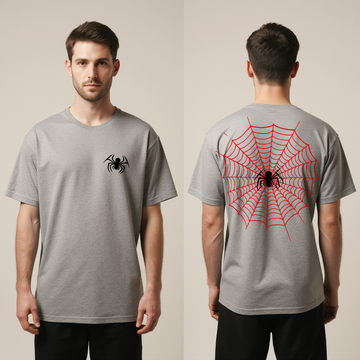 Spider Web Halloween T-Shirt | Grey Oversized Graphic Tee with Spider Design | Creepy Cool Streetwear for Men & Women