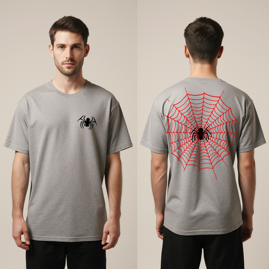 Spider Web Halloween T-Shirt | Grey Oversized Graphic Tee with Spider Design | Creepy Cool Streetwear for Men & Women
