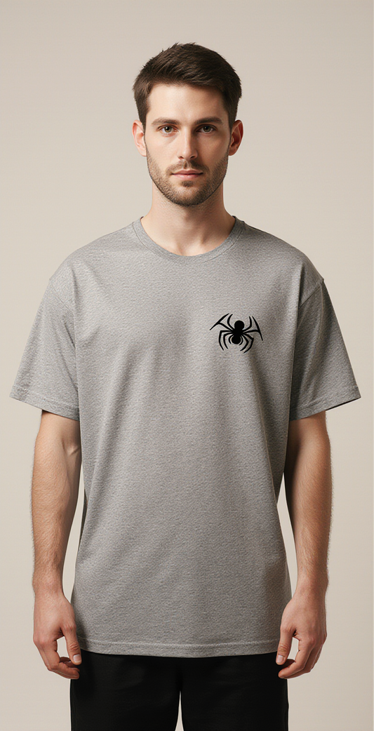 Spider Web Halloween T-Shirt | Grey Oversized Graphic Tee with Spider Design | Creepy Cool Streetwear for Men & Women