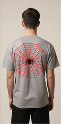 Spider Web Halloween T-Shirt | Grey Oversized Graphic Tee with Spider Design | Creepy Cool Streetwear for Men & Women