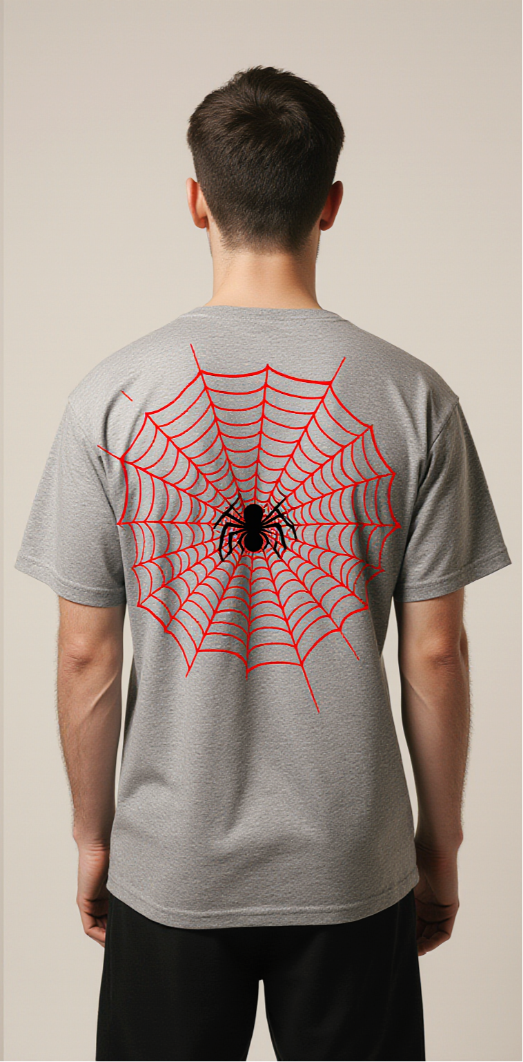 Spider Web Halloween T-Shirt | Grey Oversized Graphic Tee with Spider Design | Creepy Cool Streetwear for Men & Women