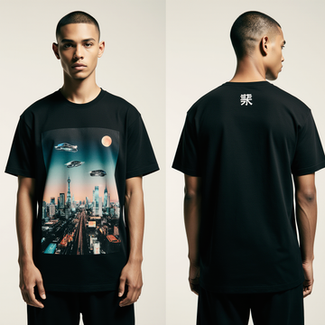 Black Cyberpunk Cityscape T-Shirt – Futuristic Streetwear with Japanese Detail