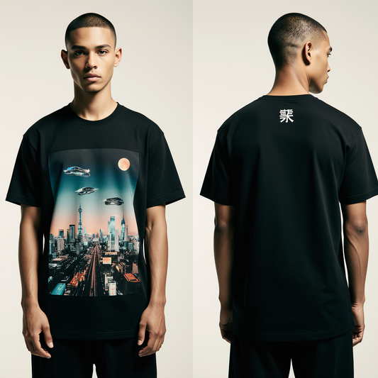 Black Cyberpunk Cityscape T-Shirt – Futuristic Streetwear with Japanese Detail