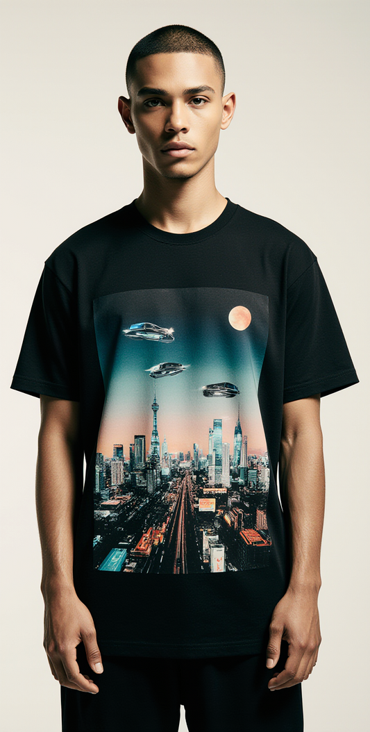 Black Cyberpunk Cityscape T-Shirt – Futuristic Streetwear with Japanese Detail