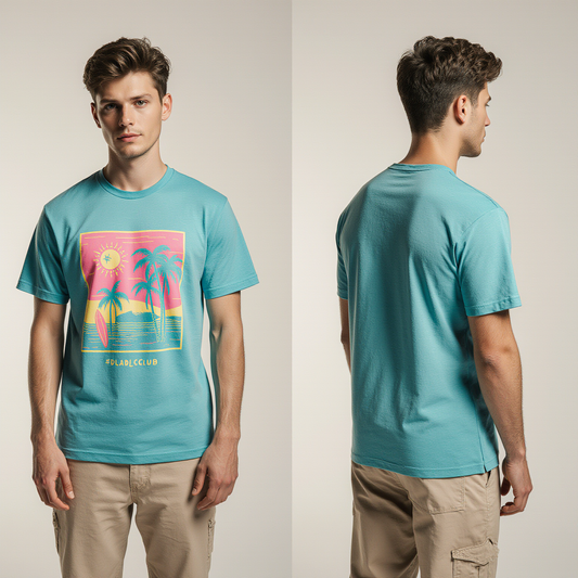Turquoise Retro Sunset Beach T-Shirt – Summer Surf Style Graphic Tee
