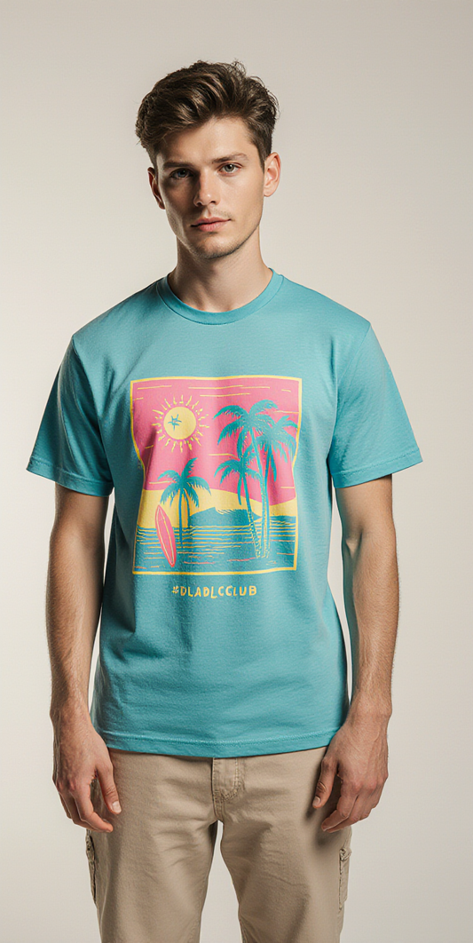 Turquoise Retro Sunset Beach T-Shirt – Summer Surf Style Graphic Tee