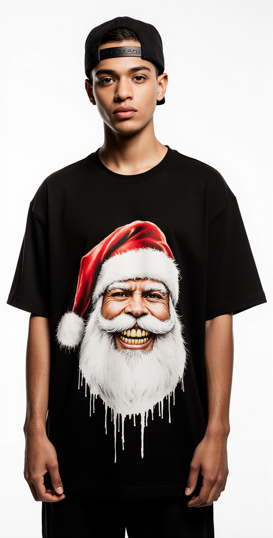 Oversized Streetwear Santa Crew T-Shirt – Christmas Graphic Tee Black Unisex