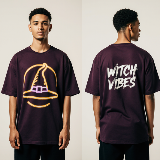 Halloween Oversized T-Shirt Witch Vibes | Neon Witch Hat Graphic Tee | Trendy Streetwear Unisex Spooky Fashion