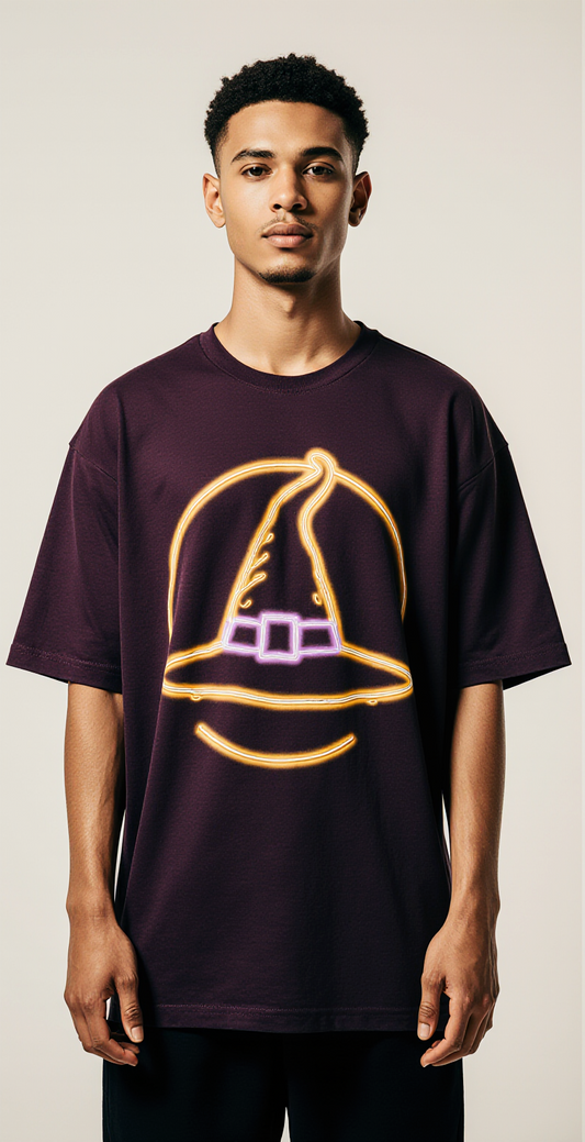 Halloween Oversized T-Shirt Witch Vibes | Neon Witch Hat Graphic Tee | Trendy Streetwear Unisex Spooky Fashion