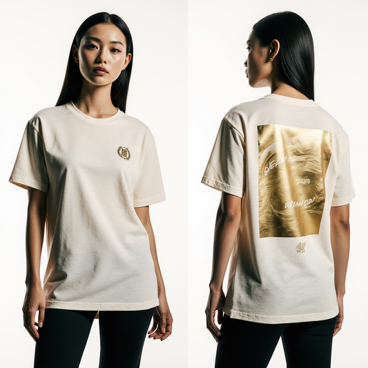 Women’s Luxury Streetwear T-Shirt – Off-White with Gold Foil Back Print – Premium Urban Fashion