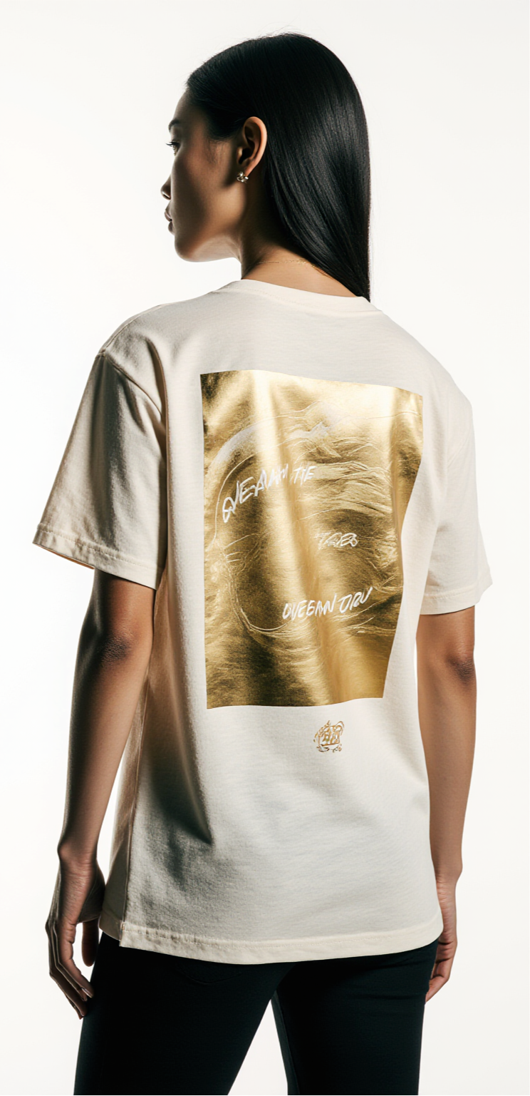 Women’s Luxury Streetwear T-Shirt – Off-White with Gold Foil Back Print – Premium Urban Fashion