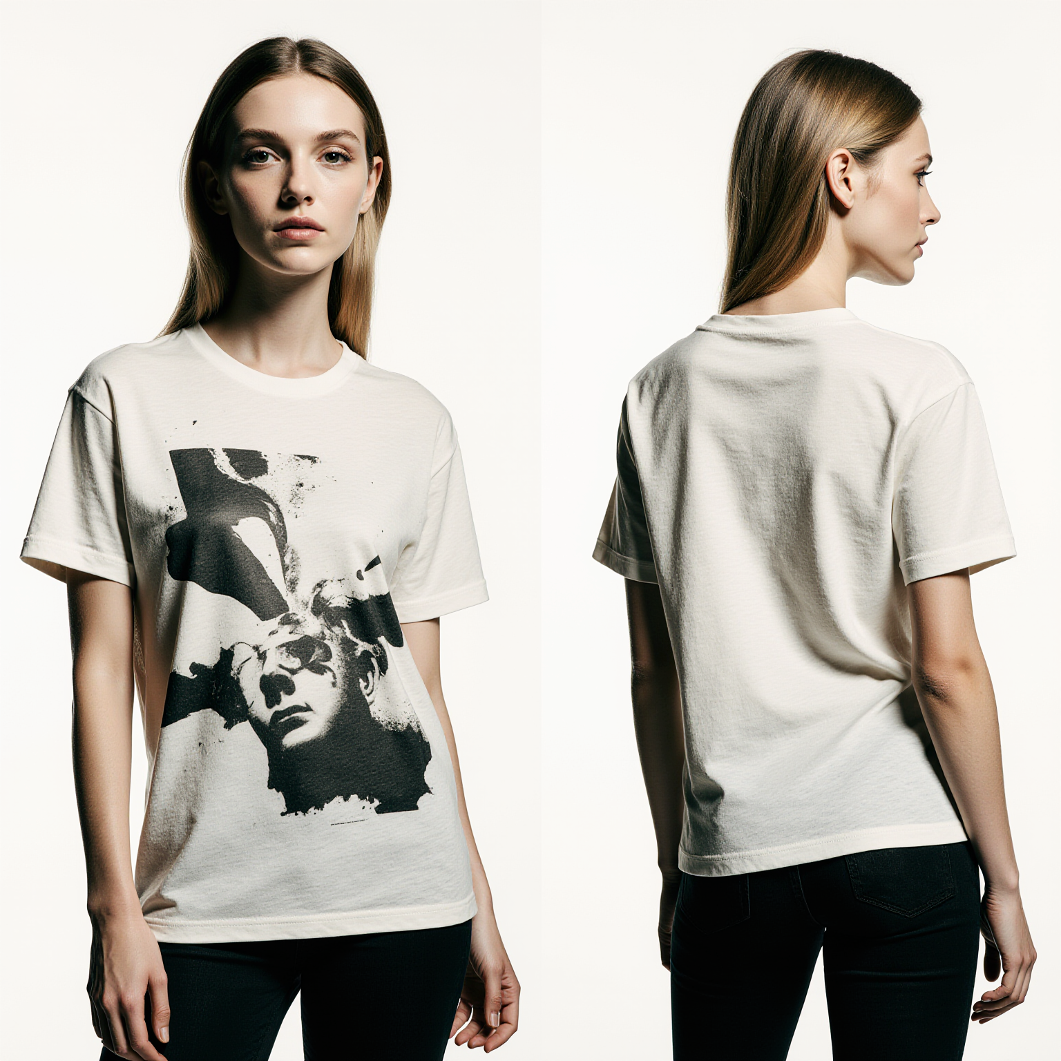 Women’s Streetwear T-Shirt – Off-White Abstract Face Graphic – Trendy Urban Style
