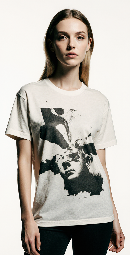 Women’s Streetwear T-Shirt – Off-White Abstract Face Graphic – Trendy Urban Style