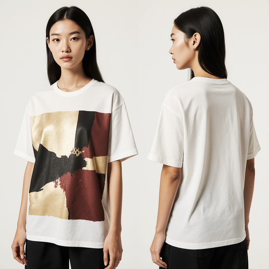 Women’s Abstract Gold & Burgundy Streetwear T-Shirt – Premium Off-White Graphic Tee