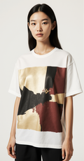 Women’s Abstract Gold & Burgundy Streetwear T-Shirt – Premium Off-White Graphic Tee