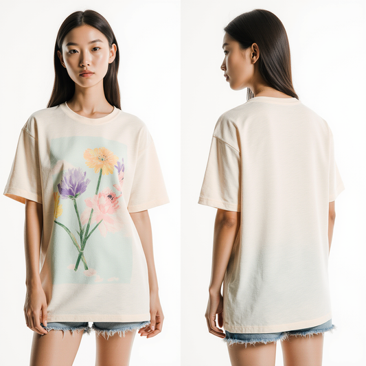 Women’s Pastel Floral T-Shirt – Minimalist Flower Graphic Tee – Soft Off-White Streetwear
