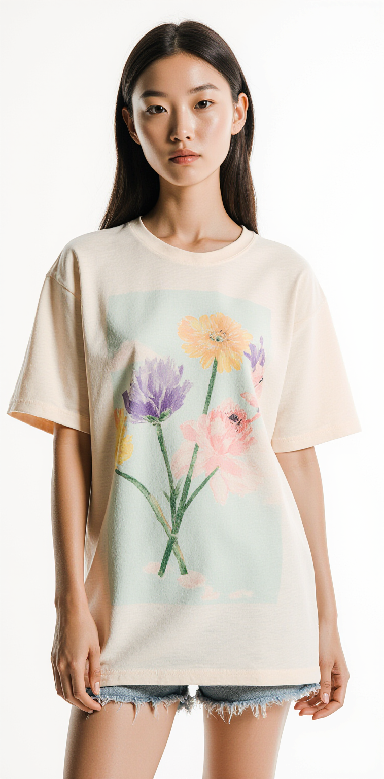 Women’s Pastel Floral T-Shirt – Minimalist Flower Graphic Tee – Soft Off-White Streetwear