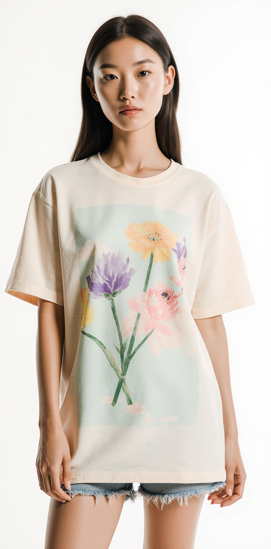 Women’s Pastel Floral T-Shirt – Minimalist Flower Graphic Tee – Soft Off-White Streetwear