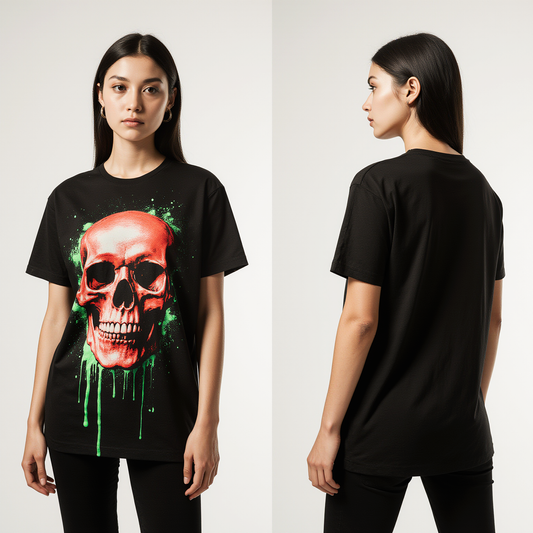 Women’s Streetwear Skull T-Shirt – Black Tee with Red & Green Drip Skull Graphic – Urban Punk Style