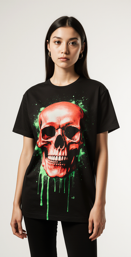 Women’s Streetwear Skull T-Shirt – Black Tee with Red & Green Drip Skull Graphic – Urban Punk Style
