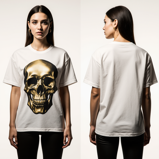Women’s Luxury Skull T-Shirt – White Tee with Metallic Gold Skull Graphic – Premium Streetwear USA