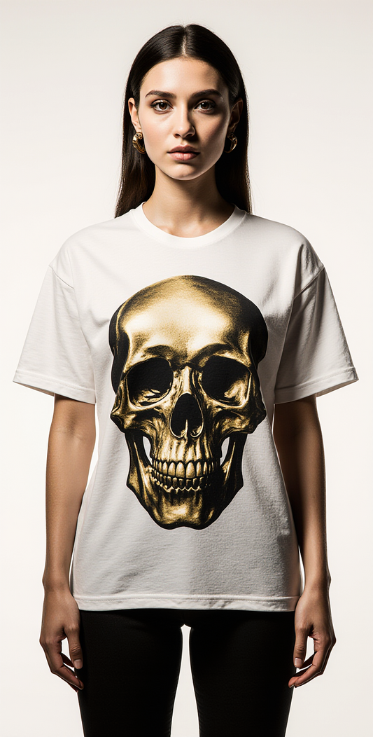 Women’s Luxury Skull T-Shirt – White Tee with Metallic Gold Skull Graphic – Premium Streetwear USA