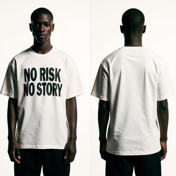 Men’s Motivational Slogan T-Shirt – “No Risk No Story” White Graphic Tee – Urban Streetwear USA