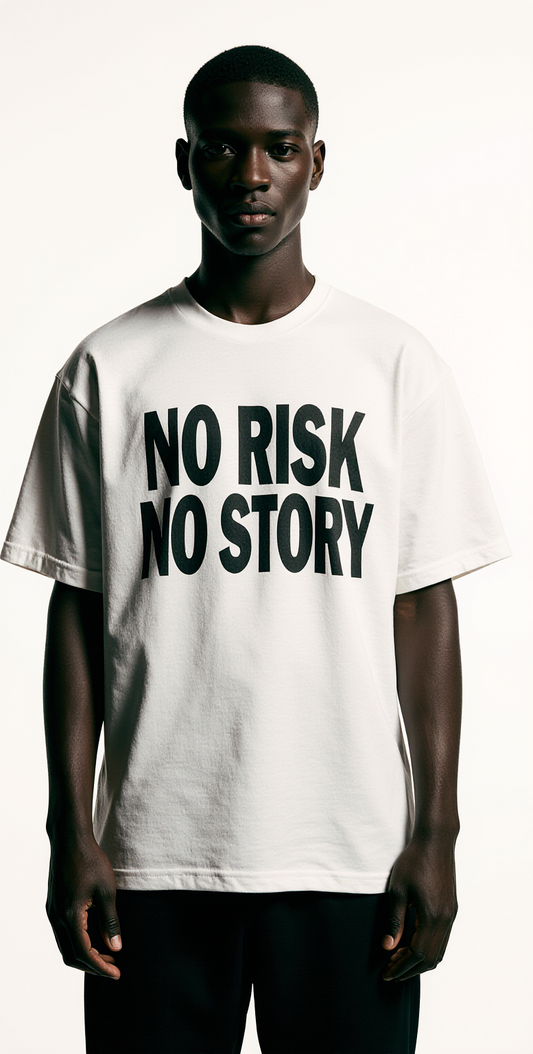 Men’s Motivational Slogan T-Shirt – “No Risk No Story” White Graphic Tee – Urban Streetwear USA
