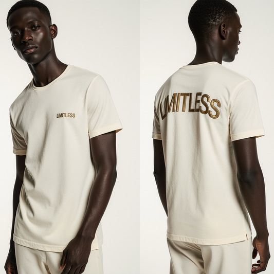 Men’s Luxury “LIMITLESS” T-Shirt – Off-White with Gold Embroidery – Premium Minimal Streetwear USA