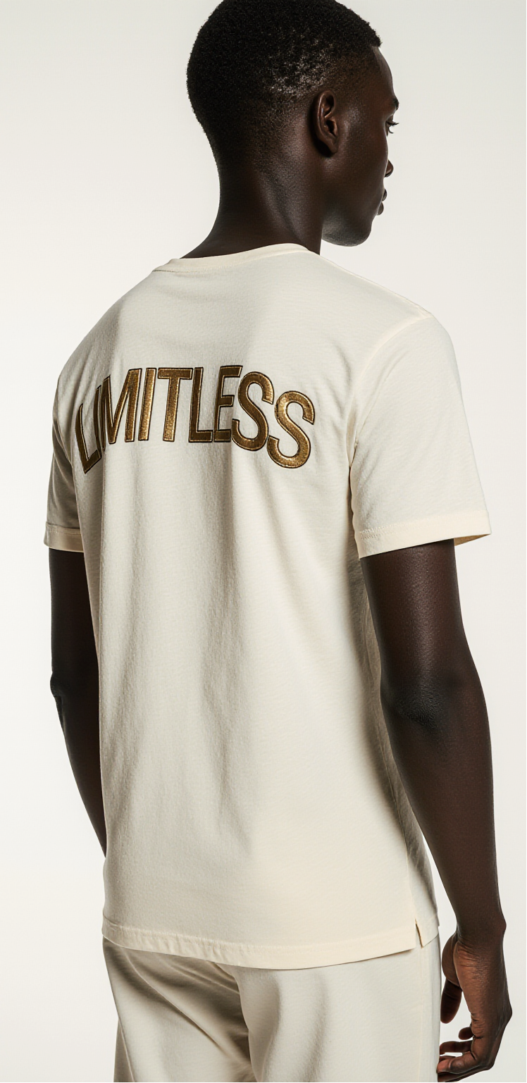 Men’s Luxury “LIMITLESS” T-Shirt – Off-White with Gold Embroidery – Premium Minimal Streetwear USA