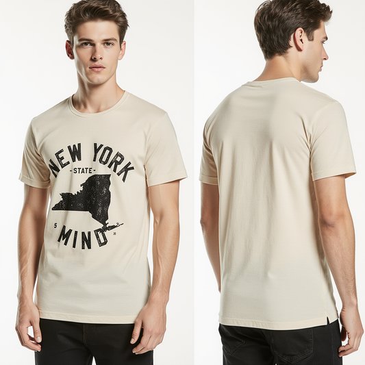 Men’s Streetwear T-Shirt "New York State of Mind" – Minimalist Black Graphic on Beige | Urban Casual Fashion