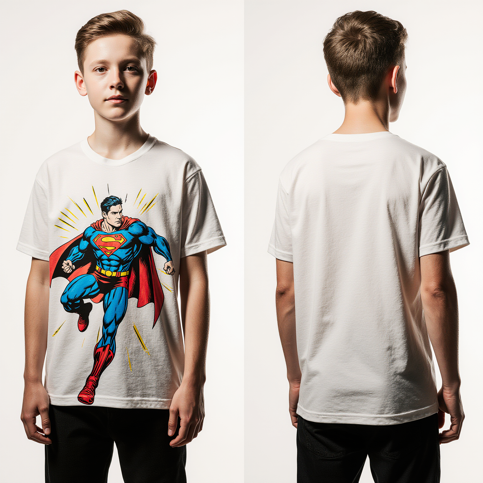 Boys’ Superhero T-Shirt – White Tee with Comic Book Superman Graphic – Kids Streetwear USA