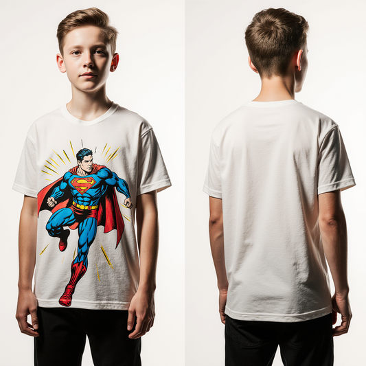 Boys’ Superhero T-Shirt – White Tee with Comic Book Superman Graphic – Kids Streetwear USA