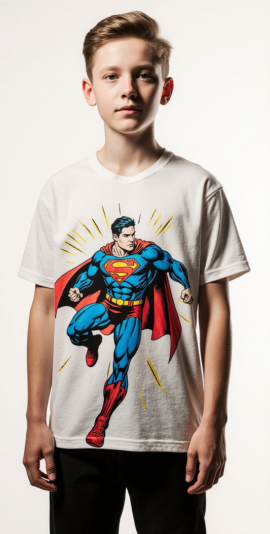 Boys’ Superhero T-Shirt – White Tee with Comic Book Superman Graphic – Kids Streetwear USA