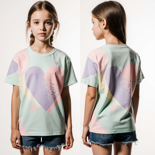Girls’ Pastel Heart T-Shirt – Mint Tee with Pink & Lavender Star Design – Cute Kids Streetwear USA