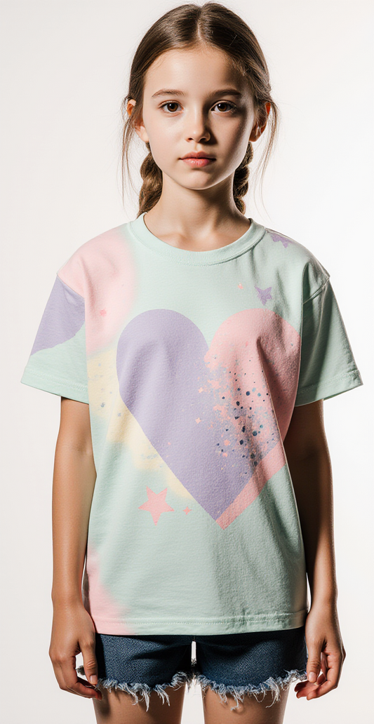 Girls’ Pastel Heart T-Shirt – Mint Tee with Pink & Lavender Star Design – Cute Kids Streetwear USA